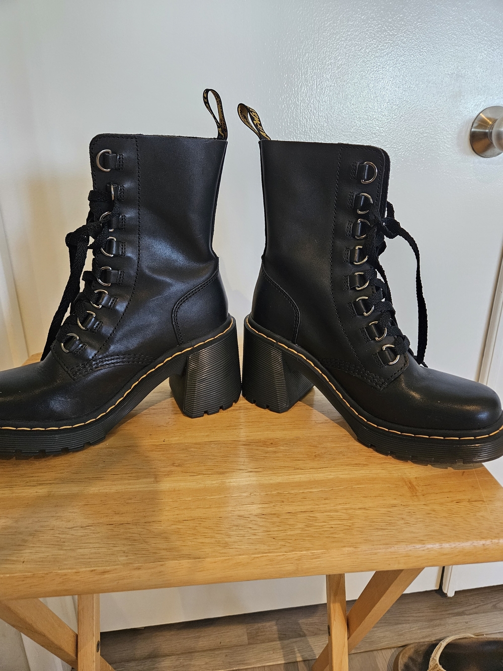 Dr. Martens Black Lace-Up Platform Combat Boots with Yellow Stitching - Picture 6 of 8
